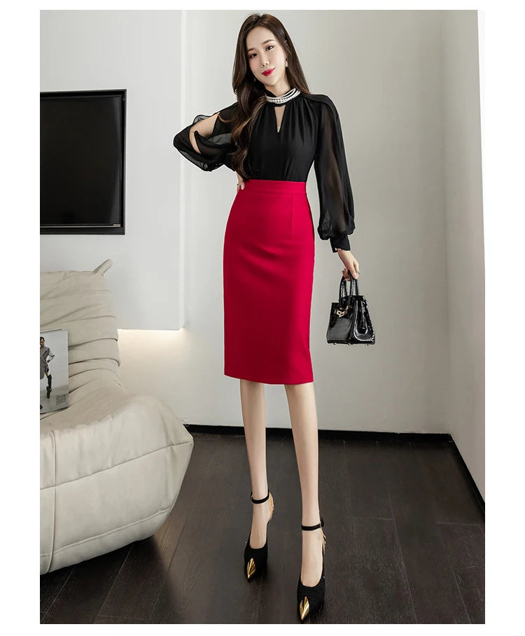 Classic Vintage Gray Red Stretch Pencil Skirts For Women Office Lady Formal Black Midi Skirts Elegant Female Package Hip Skirts