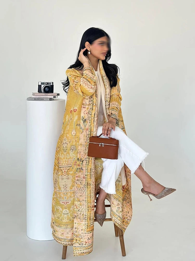 KAF Dubai Abaya Luxury Evening Coat Women Formal Robe Eid Abaya Ramadan 2025 Female Pleated Cardigan Long Sleeve Trench Coats