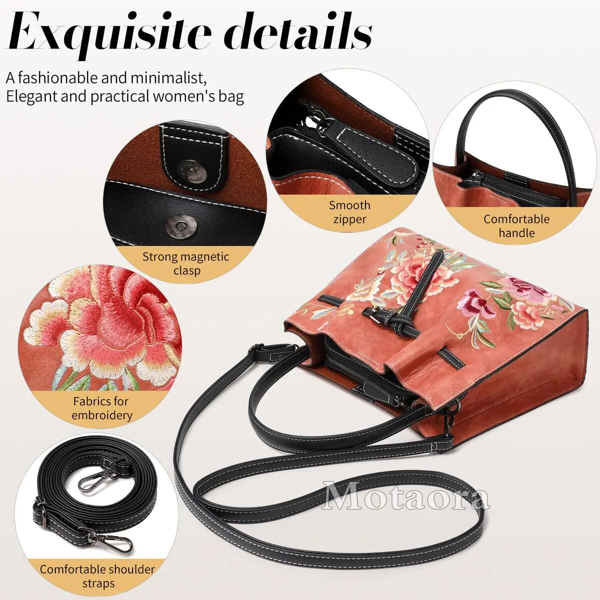 MOTAORA Vintage Chinese Embroidery Leather Shoulder Bag Women Large Capacity Crossbody Bucket Bag Ladies Fashion Handbag NEW