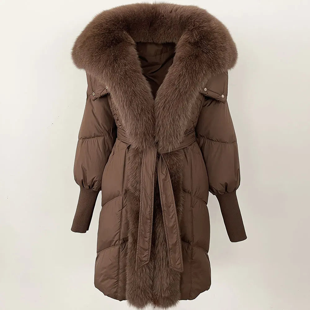 2025 Autumn Winter Women Coat Real Natural Fox Fur Long Down Jacket Thick Warm Casual Hooded White Duck Down Elegant Overwears