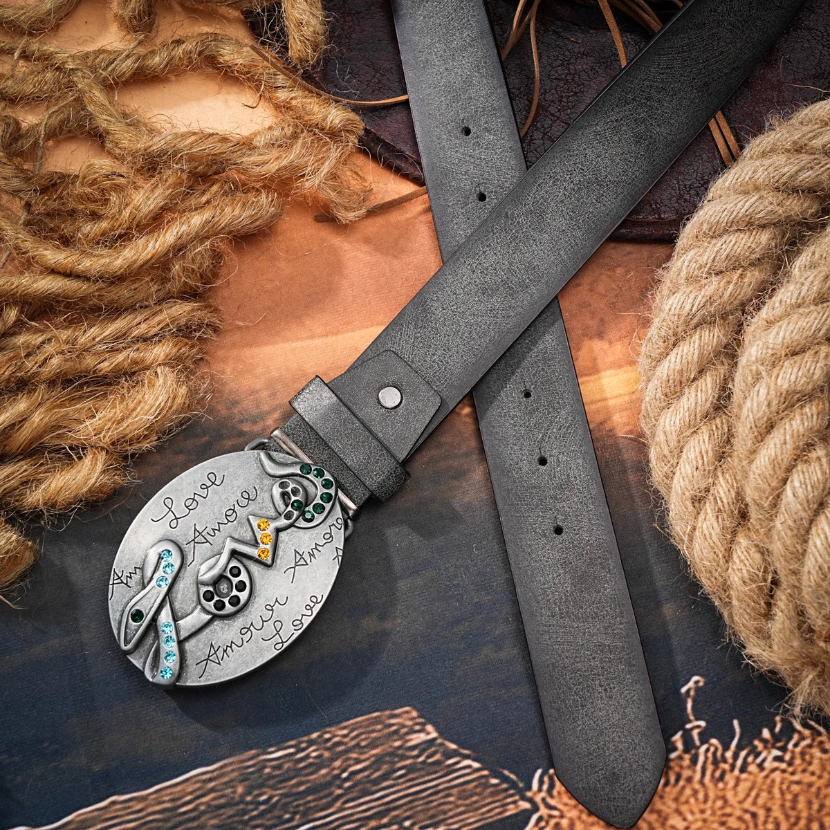Men & Women Vintage Western PU Leather Belt with Floral Engraved Buckle