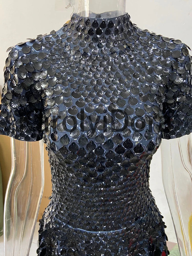 Sexy Black Shell Sequins Mini Dress Nightclub Dance High Quality Performance Clothing Bodysuit Birthday Red Dresses