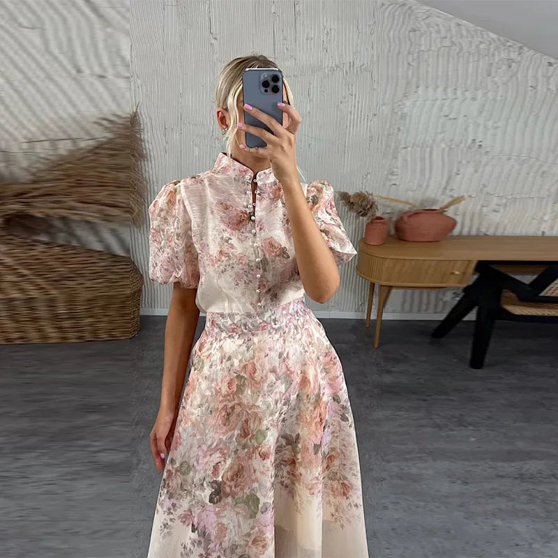 Floral Printed Two-Piece Skirt Set – Loose Full Sleeve Shirt & Pleated Maxi Skirt