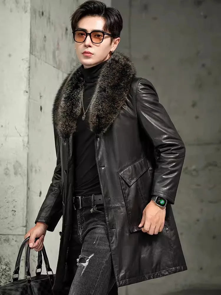 Men’s Luxury Sheepskin Leather Winter Coat – Mid-Long Business Trench with Fur Collar