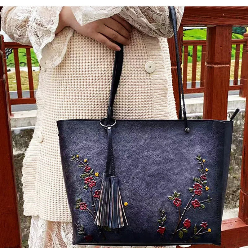 Vintage 3D Floral Embroidery Designer Bag Large Capacity Women's Tote Bag Premium Cowhide Leather Luxury Handbags for Women 2025