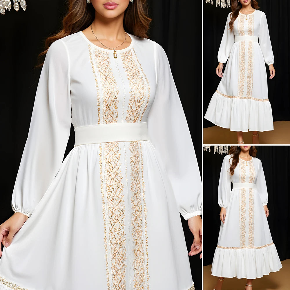 Rafiah Autumn Arabian Long Dress 2025 Elegant Daily Appliques Flounce Long Sleeve Crew Neck Midi A-Line Long Dress For Women