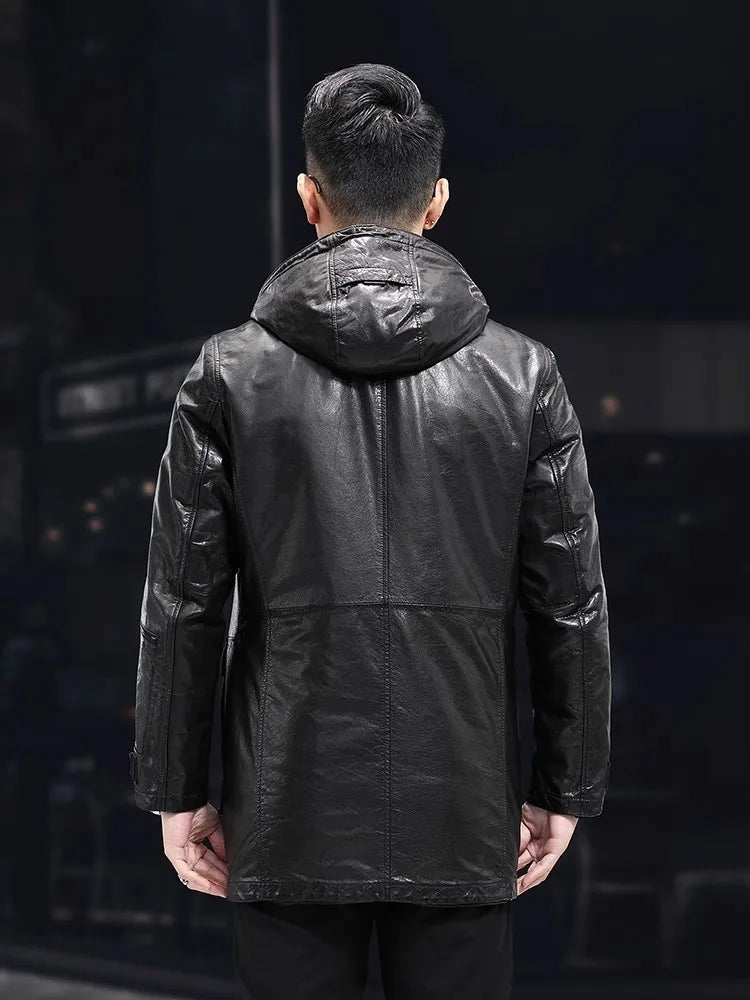 Men’s Oil Wax Cowhide Leather Jacket – Slim Fit Winter Cargo Coat with Mink Fur Lining & Hood