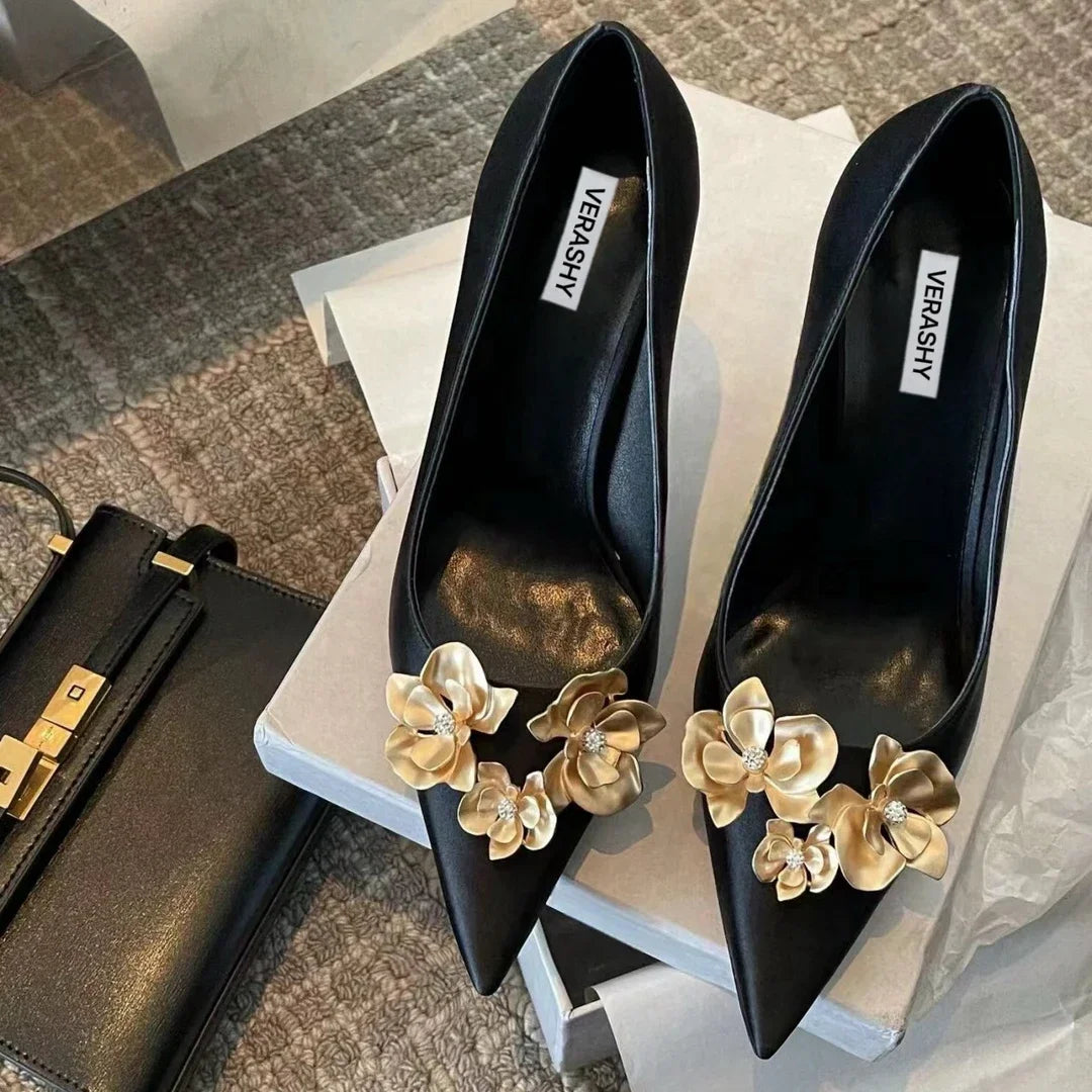 Satin Designer Women Pumps 2025 Sexy Pointed Toe Gold Flower Decoration Thin High Heels Fashion Banquet Dress Mules Shoes