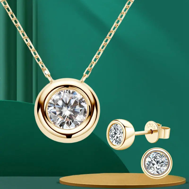 Lnngy D Color Bezel Moissanite Stud Earrings 925 Sterling Silver Pendant Necklace Earring Jewelry Set For Ladies Wedding Gift