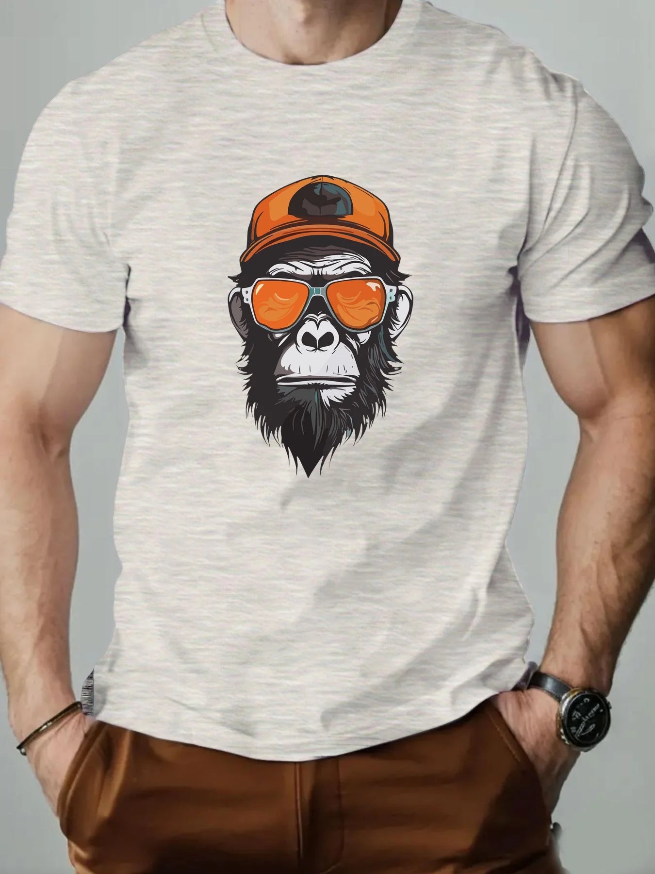 Men's summer 100% pure cotton fashionable casual sports loose monkey with sunglasses π glasses pattern printed round neck short sleeved T-shirt top