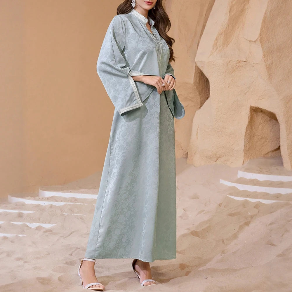 Rafiah Summer Dresses 2025 Women's Plain Long Sleeve Half Open Collar A-Line Draped Basics Midi Arabian Dress