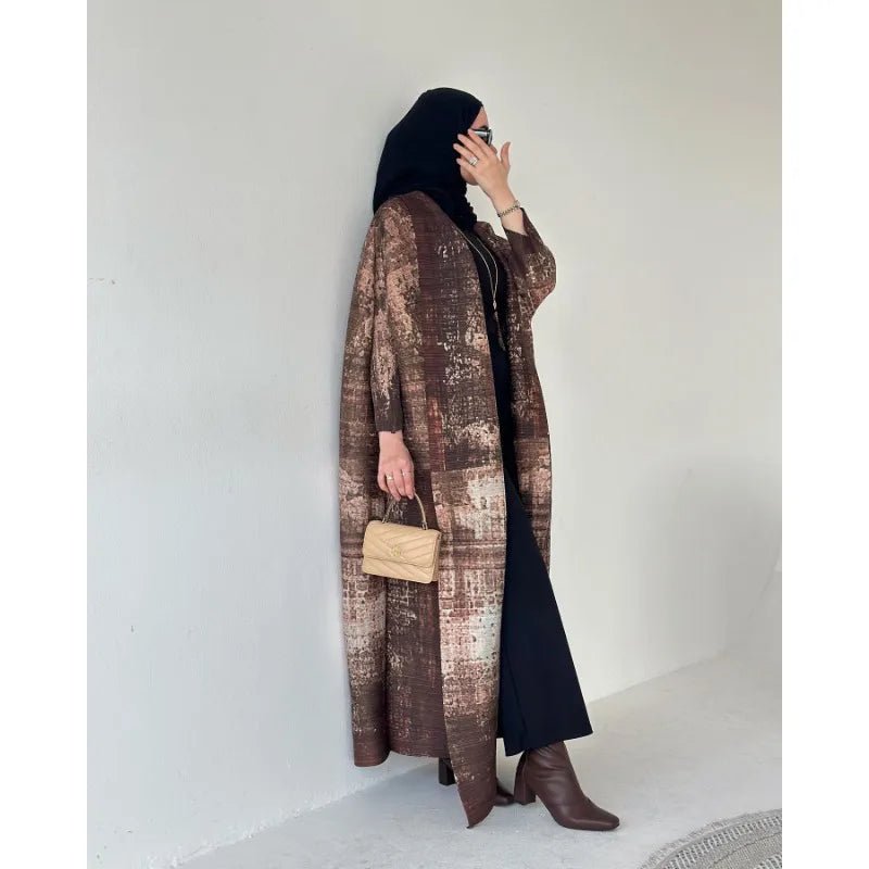 KAF Women Large Size Abaya 2025 Spring Autumn New Retro Printing Cardigan Tie Original Design Dubai Luxury Female Abaya