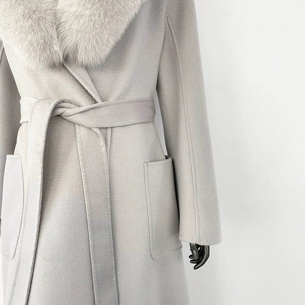 GENHUA 2025 New Casual Fur Coat for Ladies Winter Wool Long Fur Ladies Natural Real Fox Fur Collar Jacket for Ladies Warm Coat