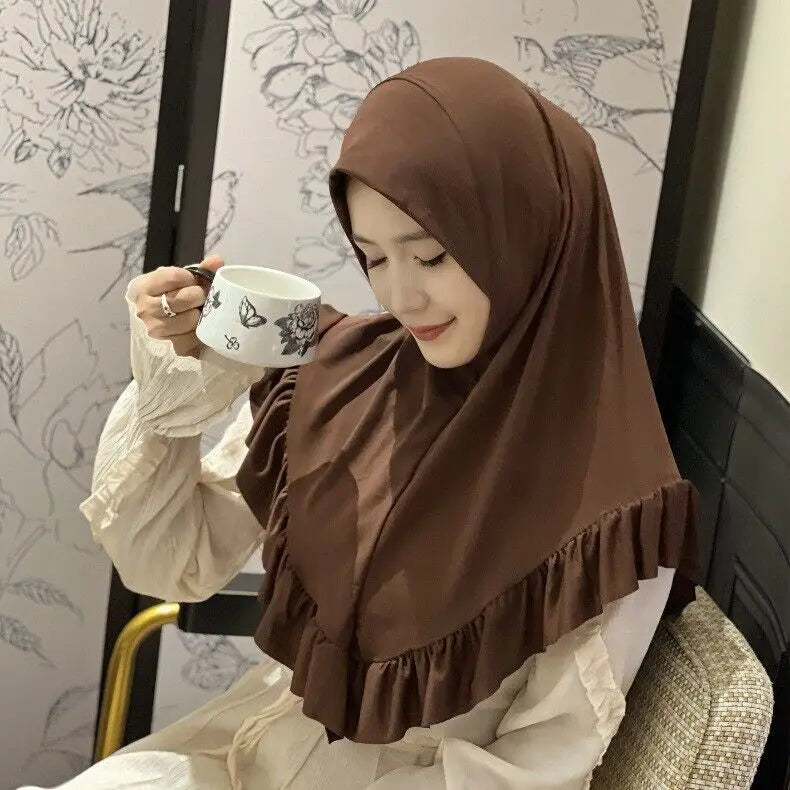Muslim Hijab for Women Ruffle Turban Islamic Headwraps Arab Headband Big Khimar One Piece Scarf Shawl Solid Color