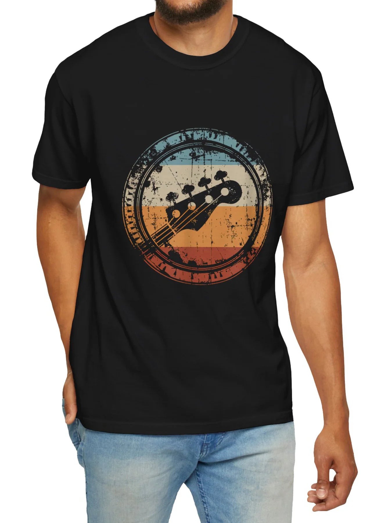 🎸 Men’s Summer 100% Cotton Casual T-Shirt,Retro Guitar Print | Loose Fit | Round Neck | Breathable Comfort