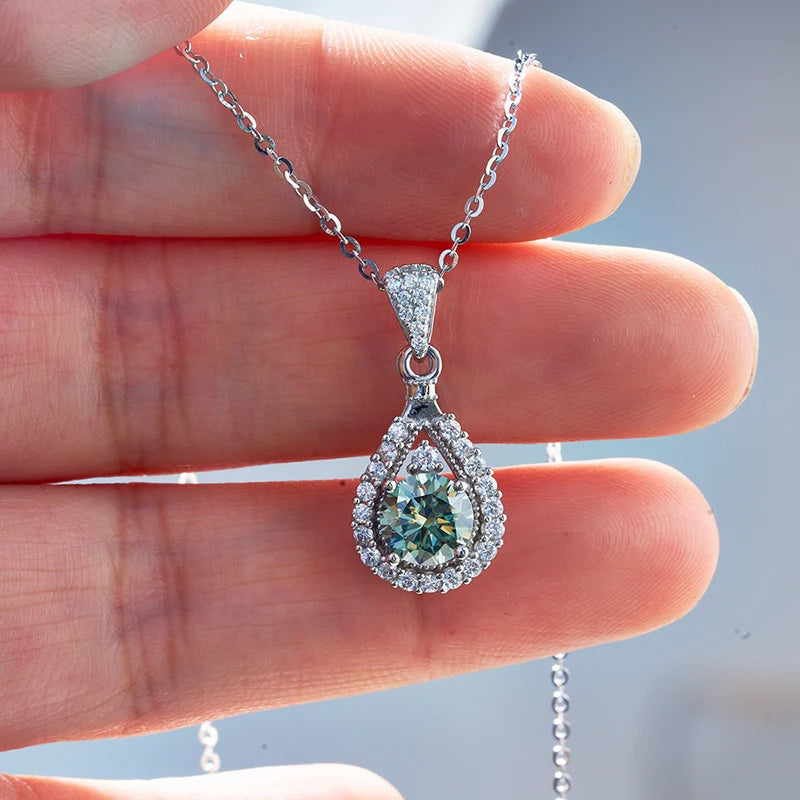 JoyceJelly 1CT Colorful Moissanite Necklace Sterling Silver 925 Jewelry Female Water Drop Shaped Pendant Top Quality Dating Gift