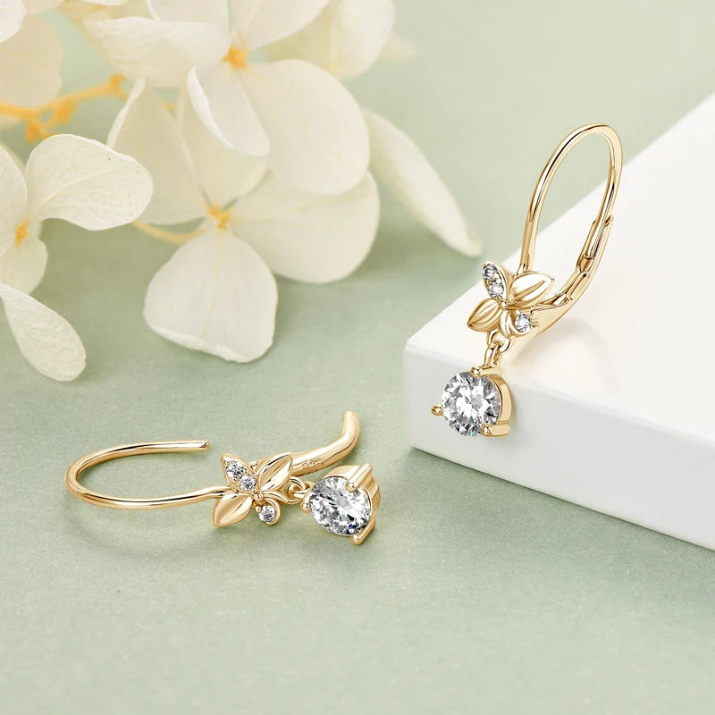 2024 Trend Real 925 Silver 5mm Round Moissanite Drop Clip Earrings for Women Four-leaf Clover Valentine Wedding Jewelry Gift