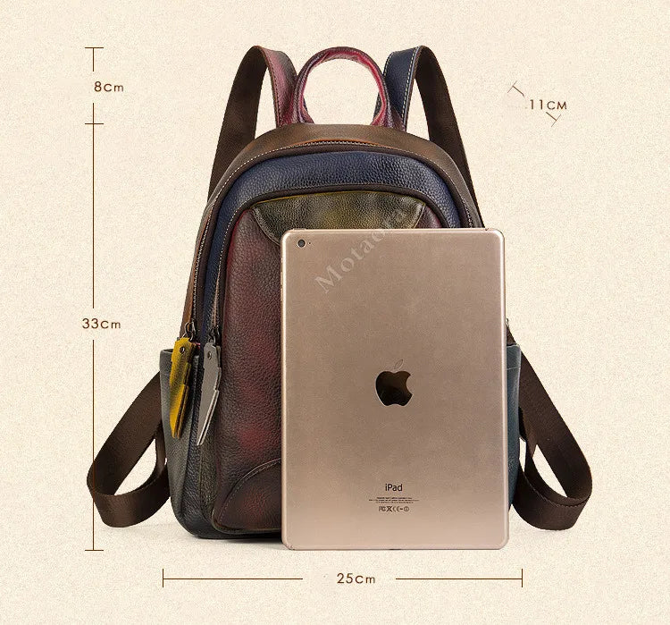 MOTAORA 2025 Soft Cowhide Leather Backpack Large Capacity Two-Tone Spliced Hand Painted College Student Travel Hiking Casual Bag