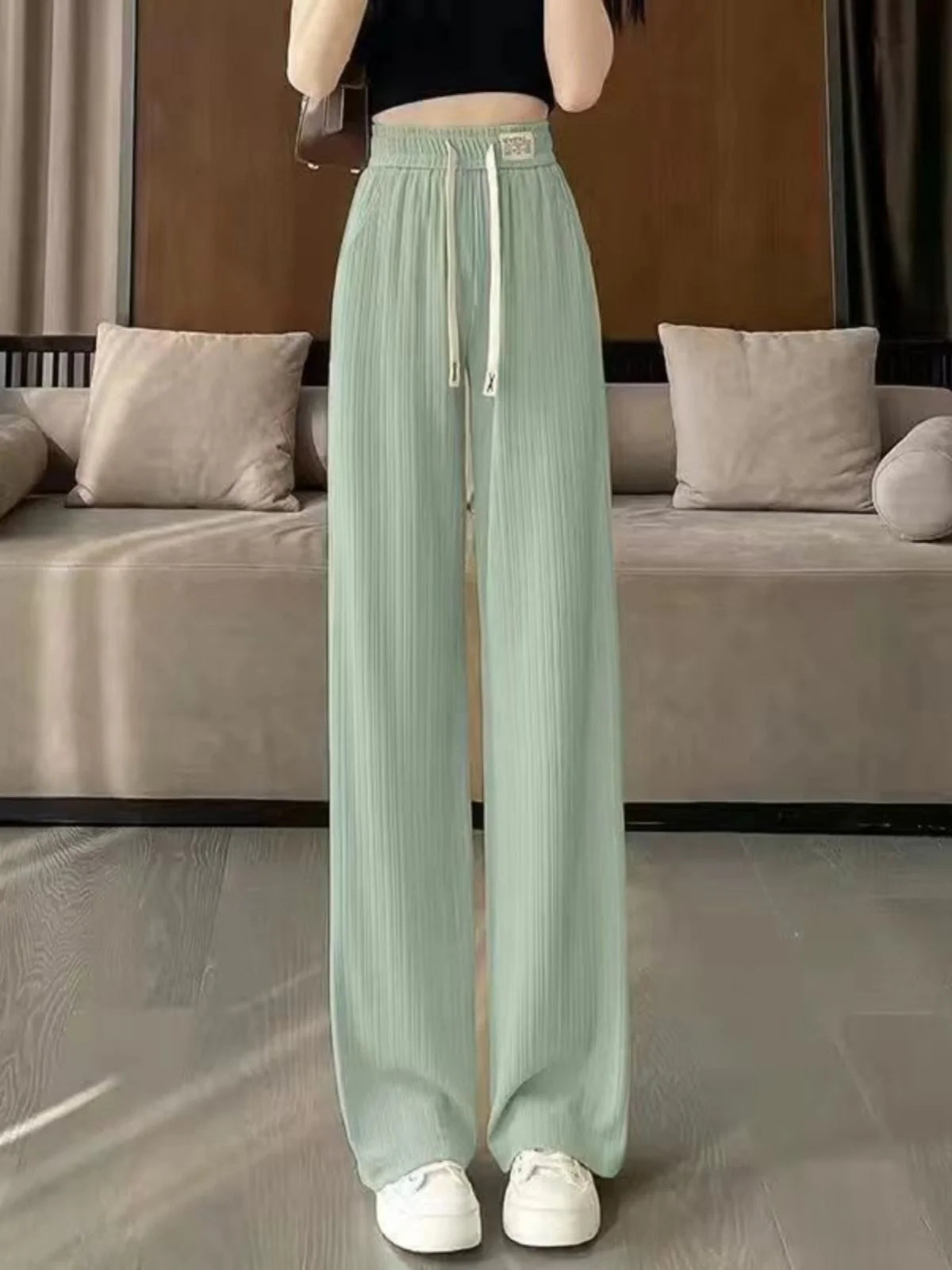 High Quali Ice Silk Wide Leg Pants Women's Straight Leg Casual Trousers Summer New Sle Trendy High Waist Nine Points