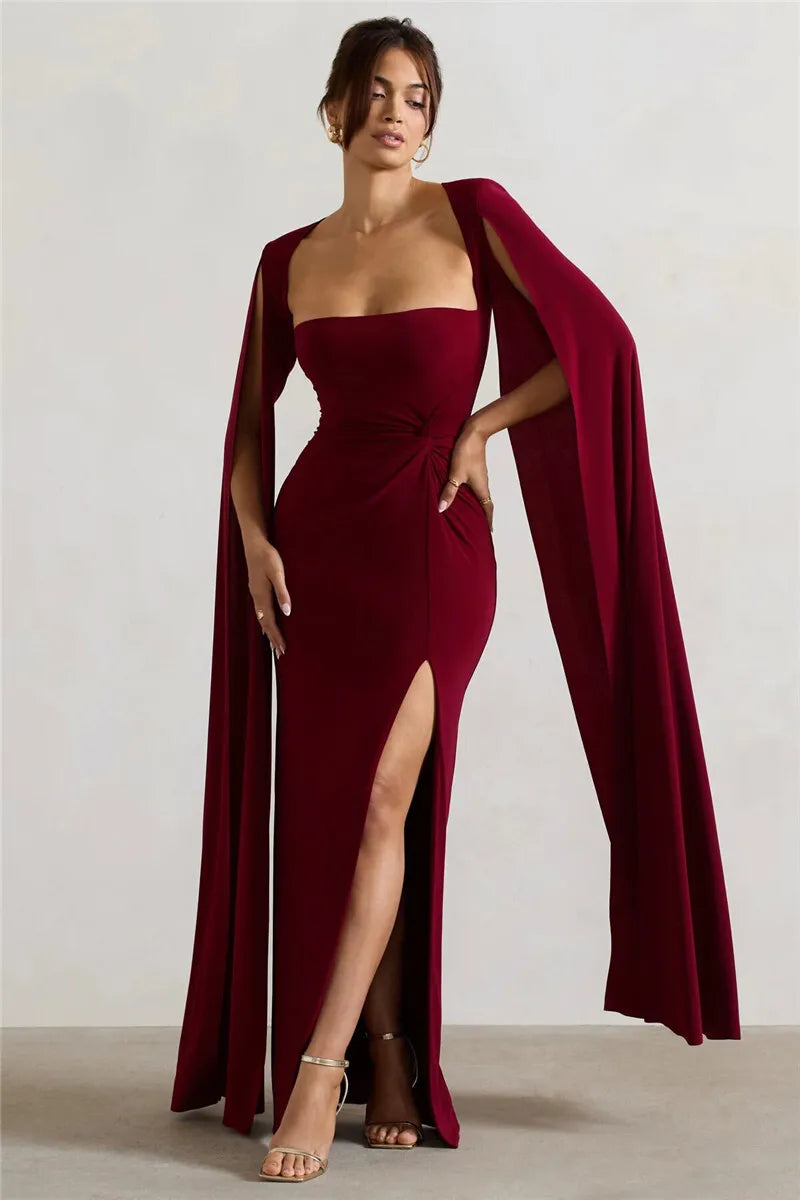 Mozision Long Cape Sleeve Split Maxi Dress For Women Gown Fashion Solid Square Collar Evening Sexy Long Dress Elegant New