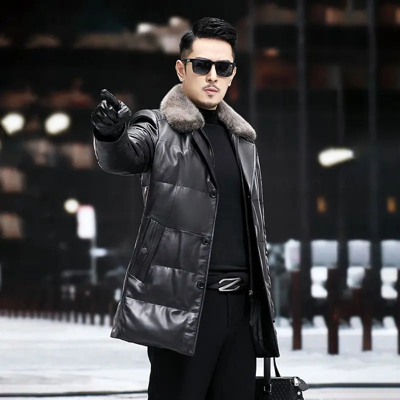 Men's Leather Jacket, Mid-Length, Lapel, Single Breasted Down Jacket, Mink Collar, Sheepkin, Thick Coat, Autumn and Winter