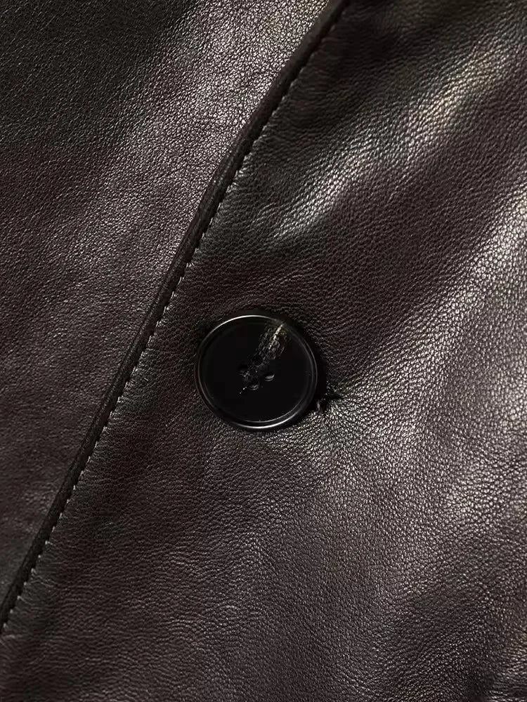 Men Luxury Business Winter Work Mid Long Thick Warm Down Coat Fur Collar Single Breasted Sheepskin Genuine Leather Jacket Trench