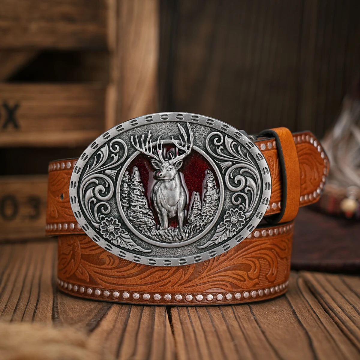 Men - Women - Western Denim - pu leather - Belt - Vintage jeans with floral carved buckle belt