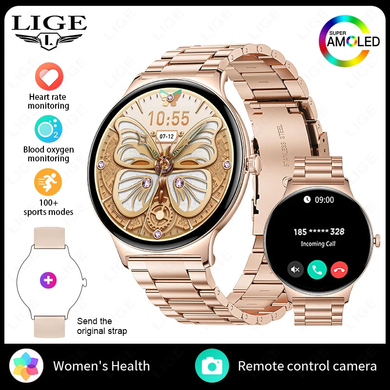 LIGE New 1.43" Bluetooth Call Smartwatch Women Men 466*466 AMOLED Full touch Screen Women Smartwatches Ladies For Android ios