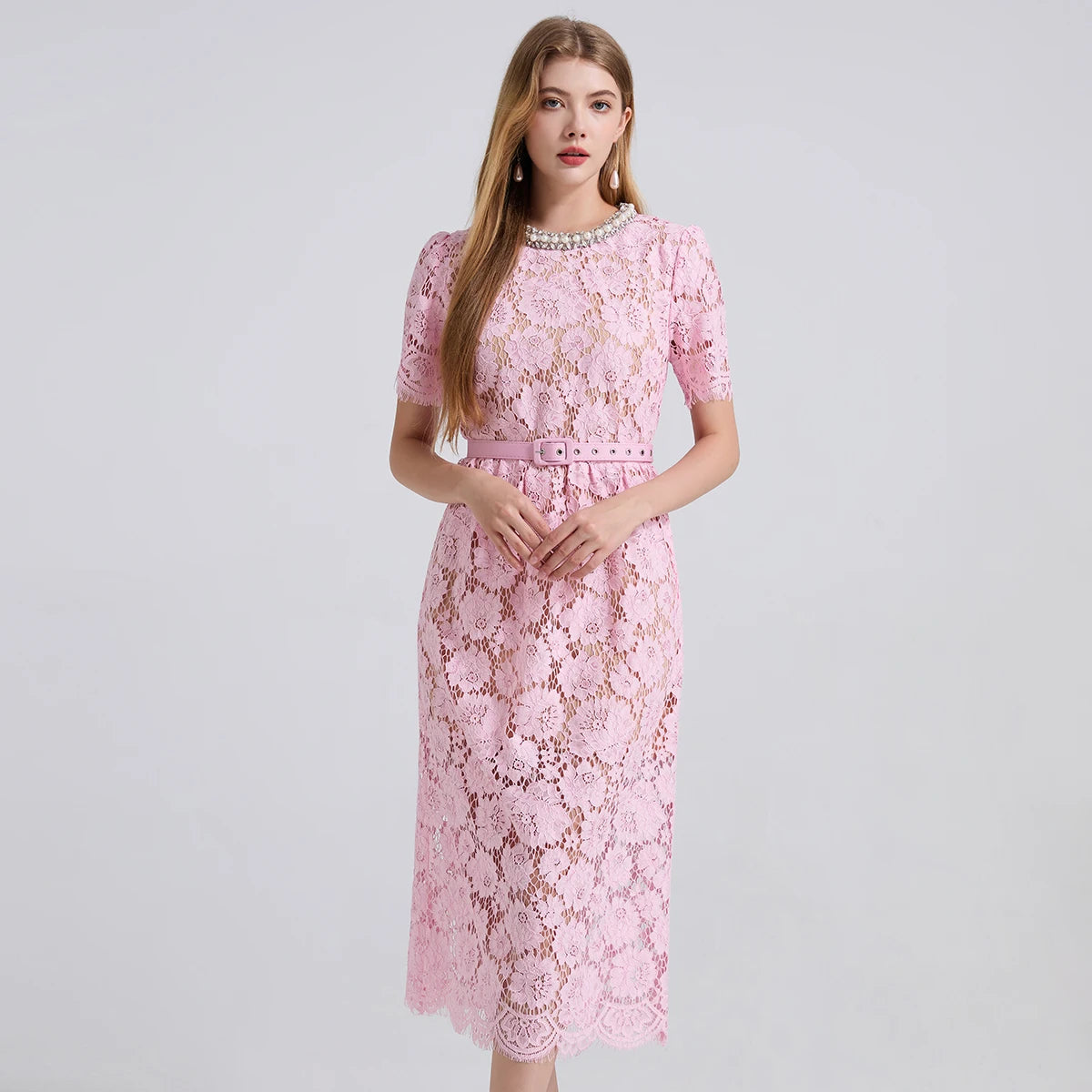 Luxury Eyelash Lace Mid-Calf Party Dress – Women’s Summer Short Sleeve A-Line with Crystal Beading, Hollow-Out Design – Pink Bridesmaid & Prom Gown