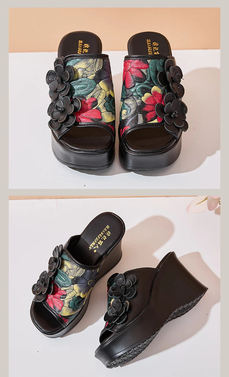 Genuine Leather Women Flower High Heels Wedges Summer Platform Slippers