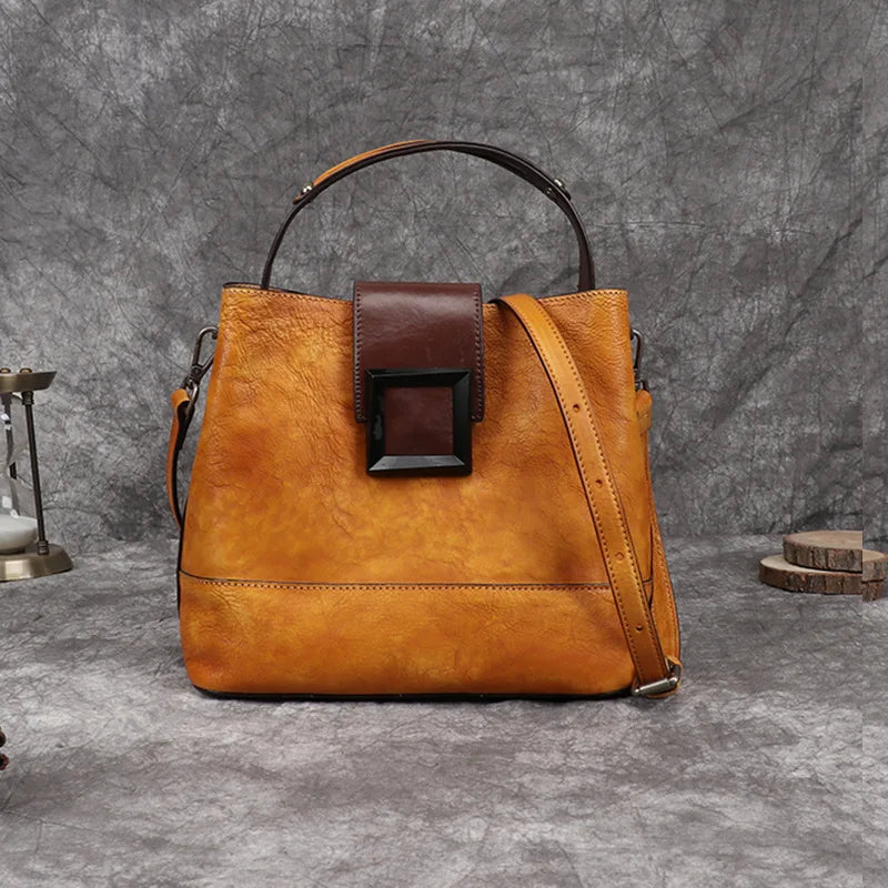 MOTAORA Women's Vintage Bucket Bag Genuine Top-Grain Leather Handmade Purse Luxury Designer Casual Office Travel Shoulder Bag