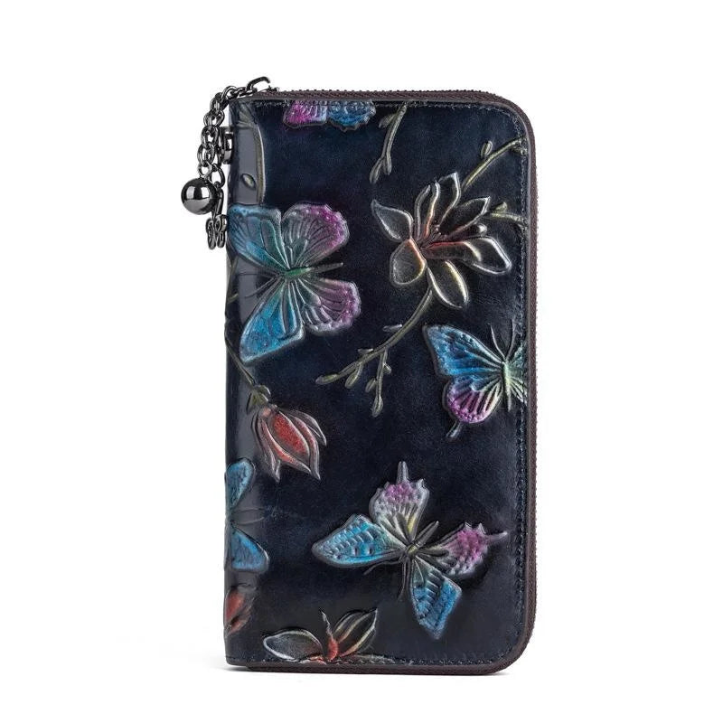 MOTAORA 2025 New Genuine Leather Women Wallet Vintage Embossed Long Purse For Women Hand Painted Butterfly Wallet ID Card Holder