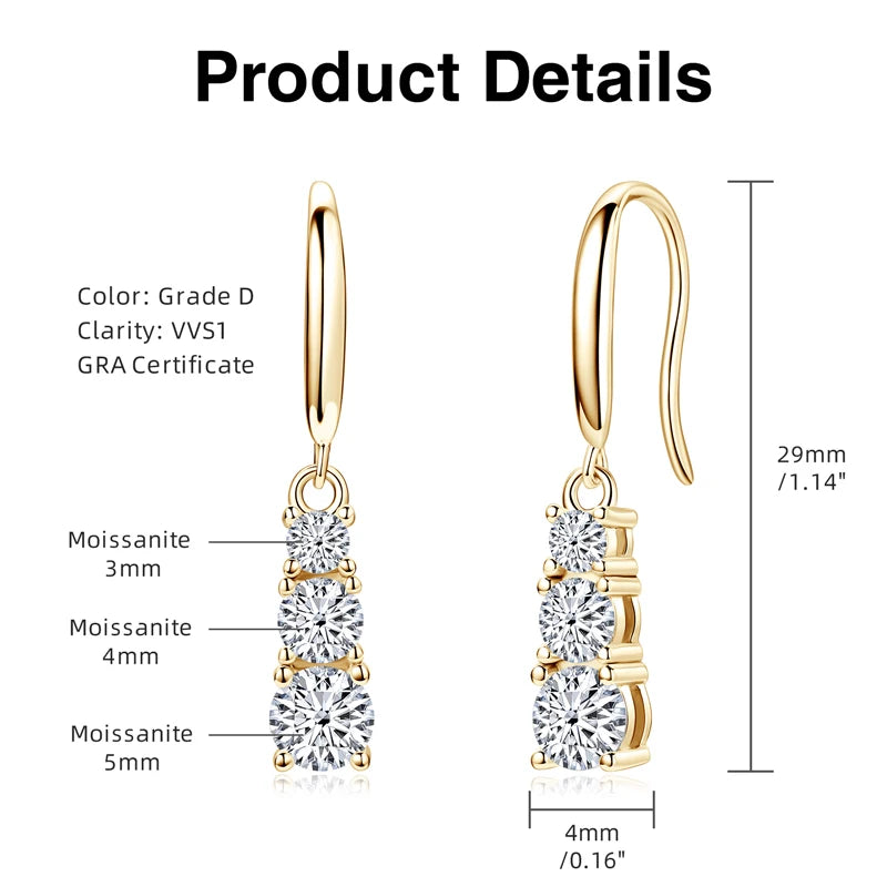 Lnngy Three Stone Moissanite Jewelry Set 925 Sterling Silver Pendant Necklace Dangle Earring For Couples Lovers' Wedding Gift
