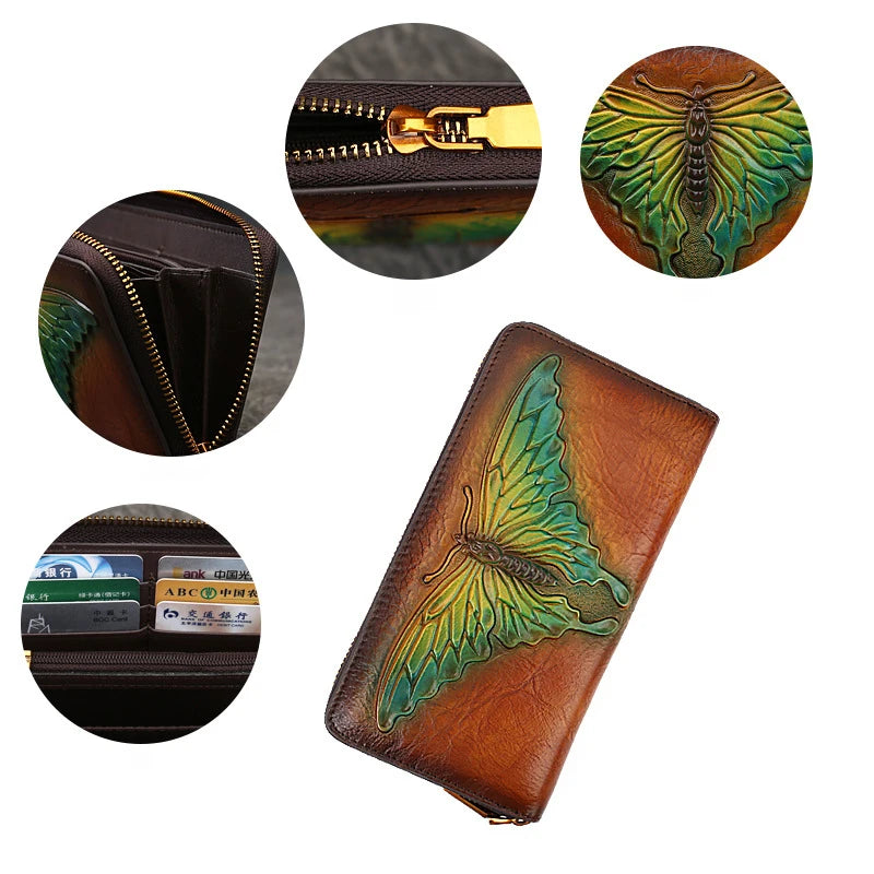 MOTAORA Ladies Retro Butterfly Embossed Wallet Women's Genuine Leather Zipper Pouch Female Cowhide Card Holder Girls Long Purse