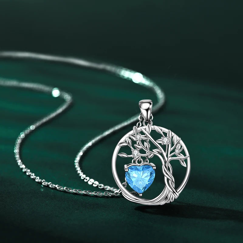 Lnngy 925 Sterling Silver Tree of Life Circle Pendant Necklace Colorful Birthday Stone Necklaces Jewelry for Women Daily Gift