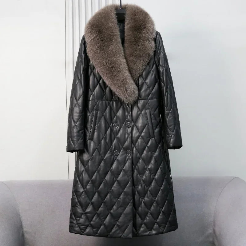 Tcyeek Winter Natural Fox Fur Collar Coat Mid-long Slim Sheepskin Coats Women Clothes Real Leather Down Jacket Lady Veste Femme