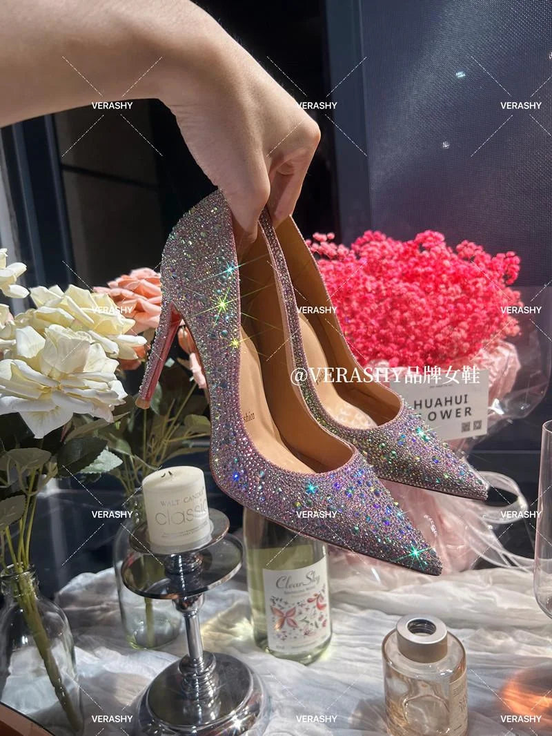 Crystal red soled high heels, black pointed shallow mouth single shoes, thin heels, evening temperament women's shoes