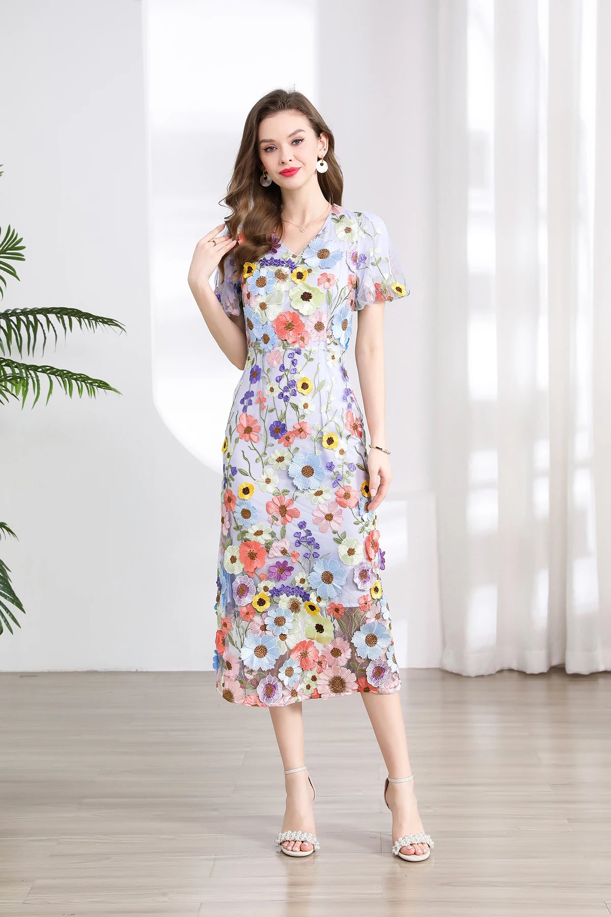 Summer High-end Embroidery Lace Prom Dress Women French Luxury 3D Flower Short Sleeve Long Dress Party Bodycon Holiday Vestido