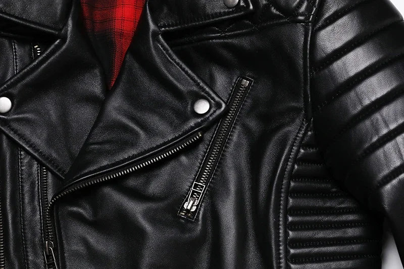 New Sheepskin Genuine Leather Moto Jacket – Slim Oblique Zipper Short Coat for Men