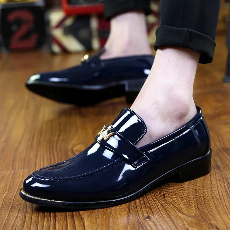 Men Glitter Leather Loafers – Pointed Toe Slip-On Party Dress Shoes