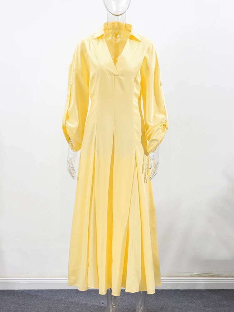Elegant Lapel Waist-Cinched Pleated Shirt Dress – Women’s Half Sleeve Floor-Length Summer Style