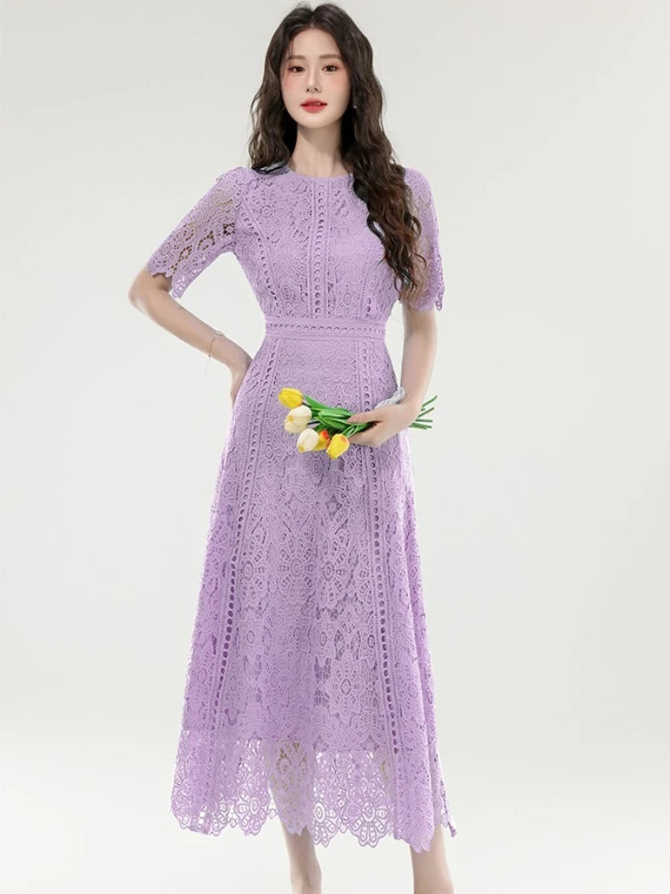 2025 New Summer French Elegant Fashion Evening Dress Women Lace Hollow Out Crochet Party Dress Casual Chic Holidays Clothing