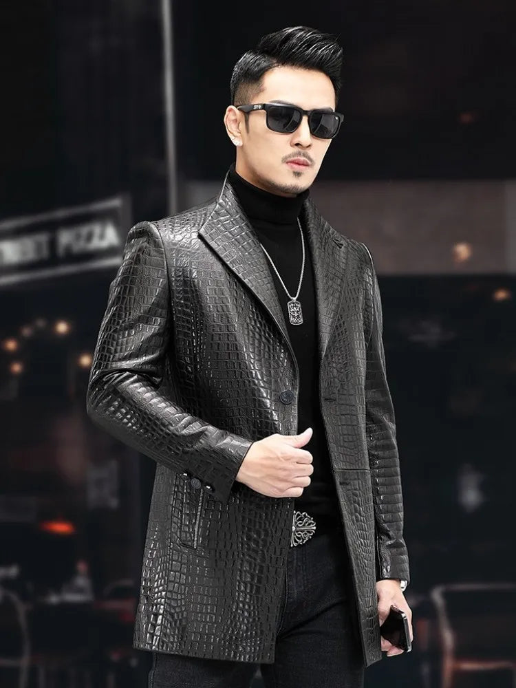 High Quality Luxury Genuine Leather Blazers Men Spring Slim Office Man Embossing Real Sheepskin Coat Suit Jacket Size Runs Small