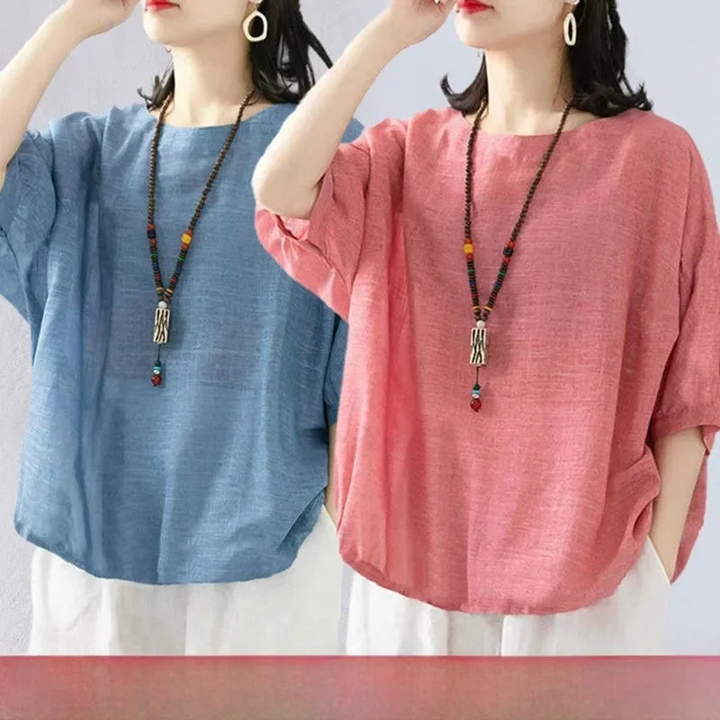 plus Size Women's Cotton T-irt ort Sve Summer New Sle Pure Linen Mid-Age Women's Faionable Commute Ethnic Sle Lo...