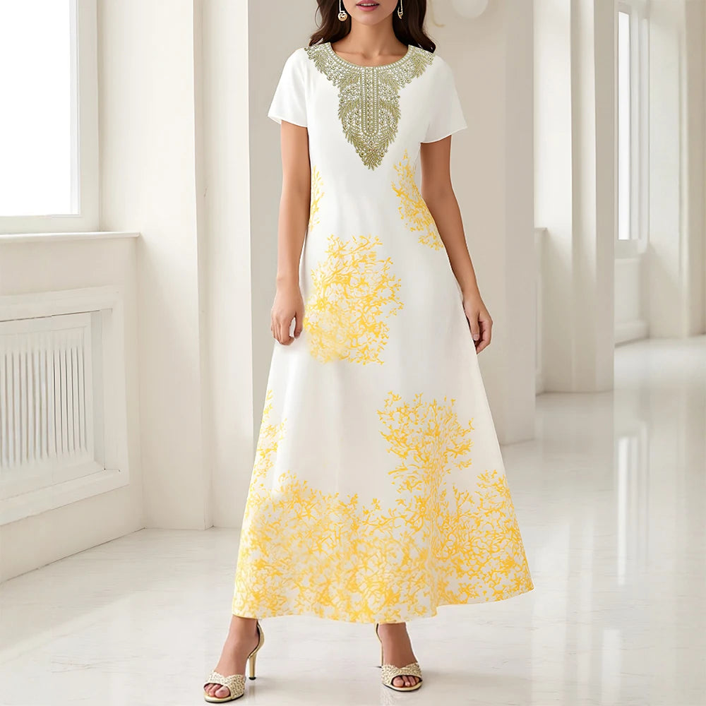 Rafiah Summer Long Arabian Dress 2025 Casual Daily Graphic Printing Short Sleeve Round Neck A-Line Shift Dresses