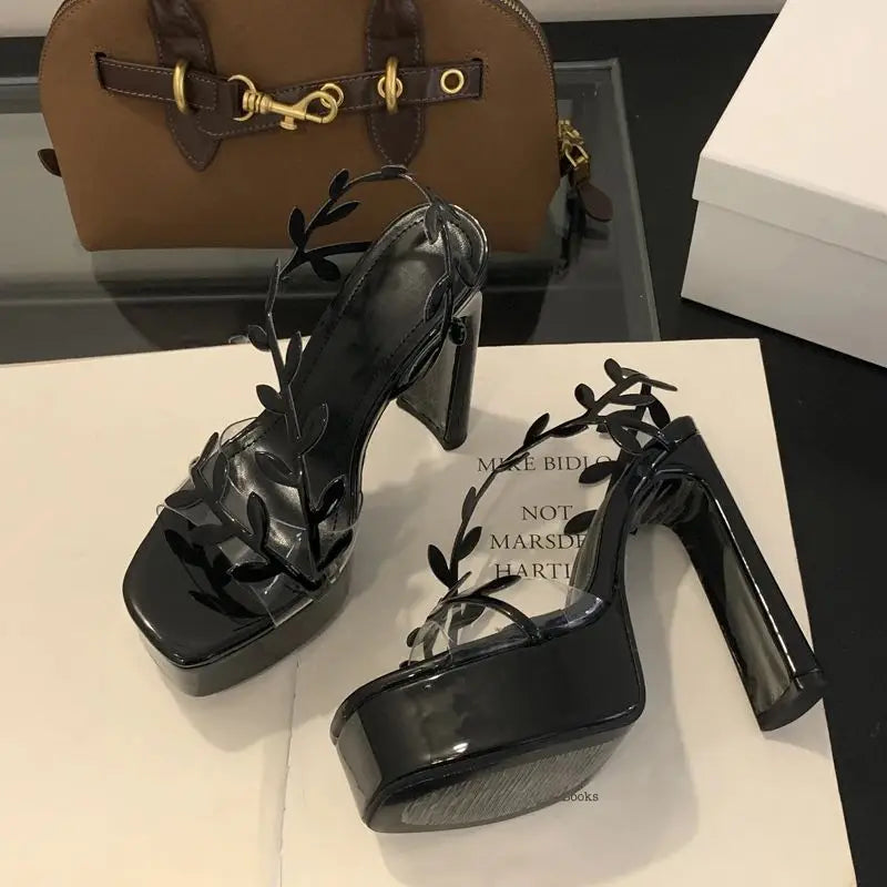 Women’s 13cm Gold Platform Heeled Sandals – Silver Leaves PVC Transparent Party Dress Shoes