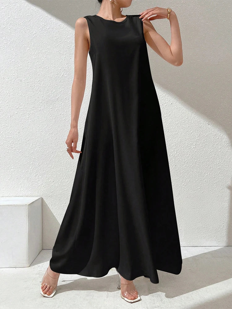 Rafiah Ramadan Women's Solid Color Dress with Round Neck Sleeveless Loose Fit in Casual Arabic Style 2025 Arabian Long Dress