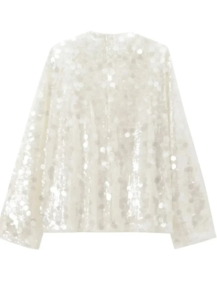 Elegant White Sequins Patchwork Lace-up Cardigan Coat For Women Long Sleeve V-neck Loose Coats Tops Trendy Streetwear Partywear