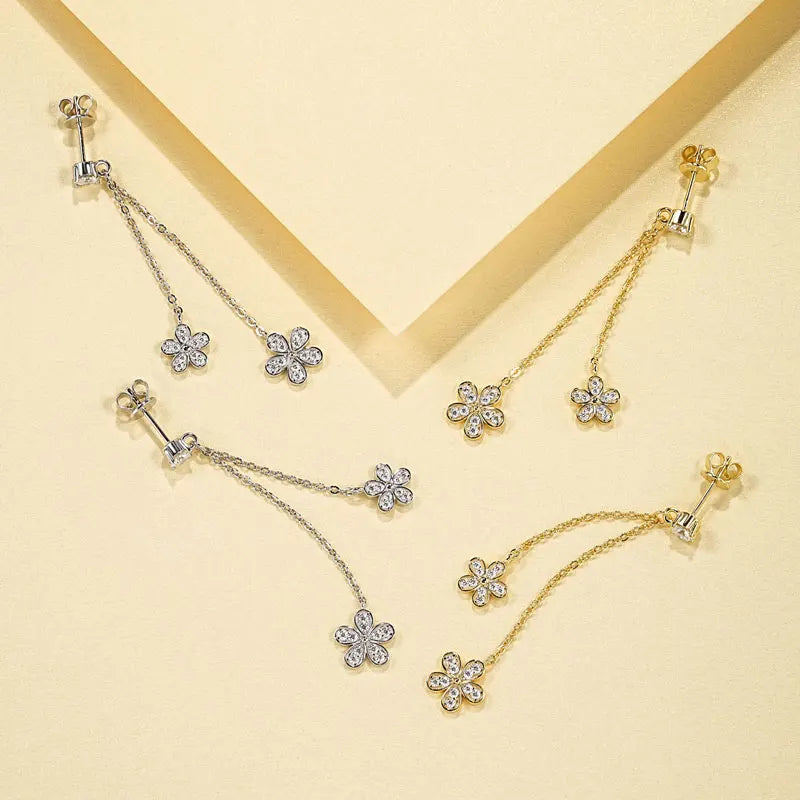 Lnngy Certified D0.30CT Moissanite Flower Earring With GRA Genuine 925 Sterling Silver Tassel Earring For Women Chain Jewelry