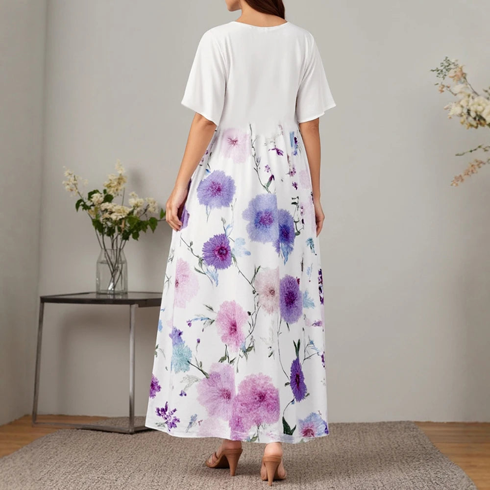 Rafiah Summer Arabian Dress 2025 Women's Decent Flower Print Short Sleeve Round-Neck A-Line Daily Basic Midi Dress